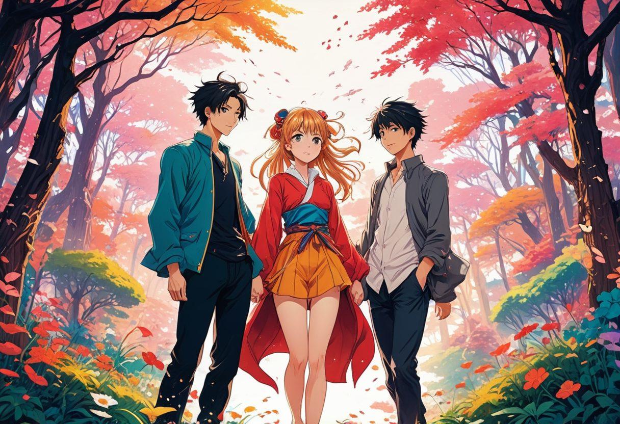 A vibrant scene depicting a diverse group of anime characters in a whimsical, adult-themed environment, surrounded by colorful manga panels that express freedom and creativity. The characters exhibit playful interactions and emotions, showcasing a variety of styles, from dark fantasy to bright romance. Include subtle artistic nods to classic hentai culture, all set against a dynamic, eye-catching background that evokes a sense of exploration and intrigue. vector art. vibrant colors. white background.