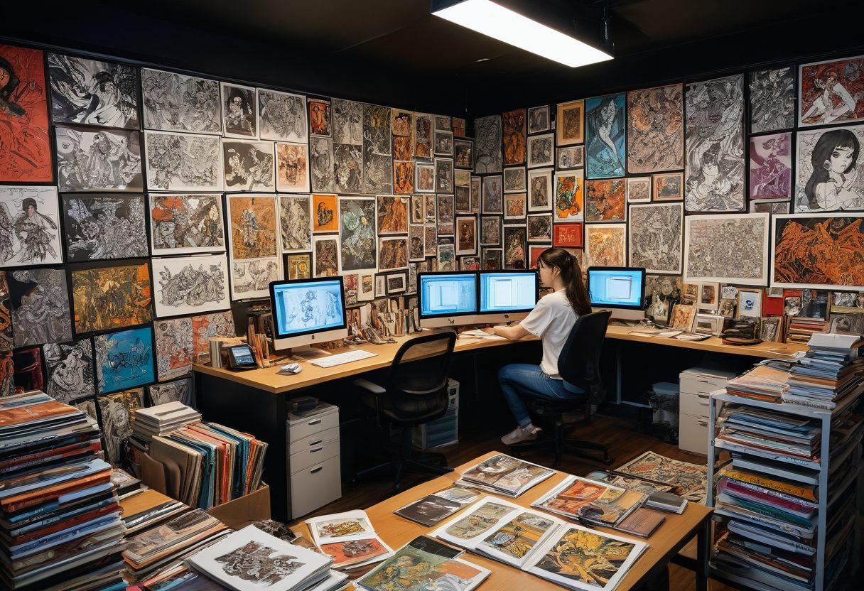 A dynamic scene featuring a graphic novel artist at a bustling studio, surrounded by colorful illustrations that blend graphic novel art with elements of animated erotica. Include intricate details of book covers showcasing diverse characters in provocative poses and a large computer screen displaying a vibrant animated scene. The atmosphere should feel creative and playful, capturing the essence of the uncensored world of hentai. bright colors, super-realistic, studio setting.