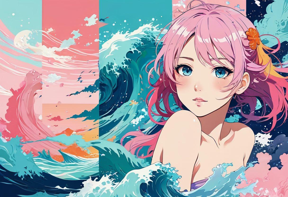 A vibrant collage illustrating various aspects of hentai culture, featuring abstract art forms that represent adult themes and anime-influenced characters. Include elements such as manga pages, iconic hentai art styles, and hints of underwater motifs symbolizing 'diving deep'. Use a mix of bright and pastel colors for a playful yet mature tone. vivid colors. digital art.